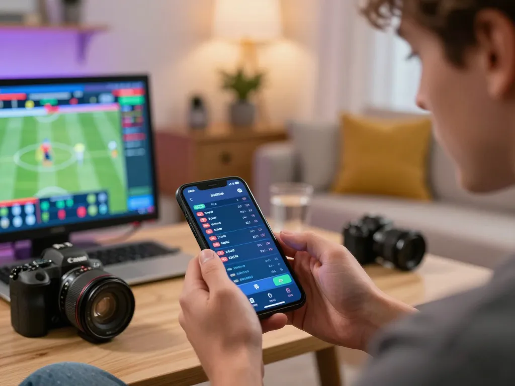 Person placing bets on ligasedayu using a smartphone in a cozy home setup, showcasing live sports betting.