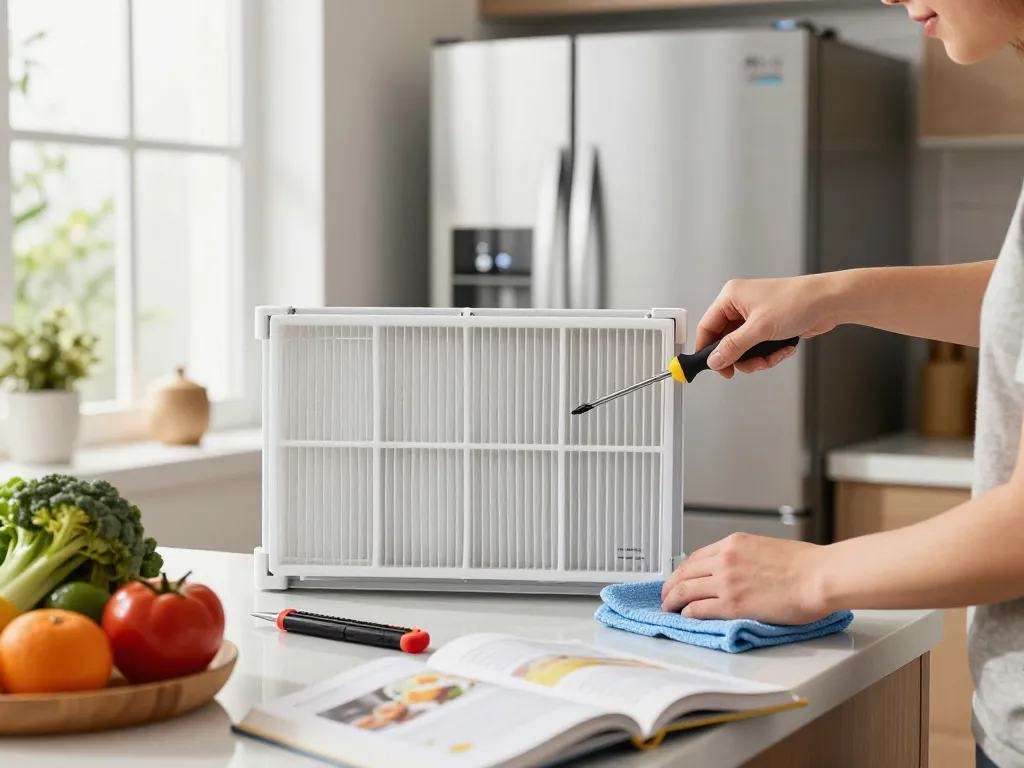 Waterdrop Replacement for LG® LT120F® Refrigerator Air Filter being installed in a modern kitchen setting.