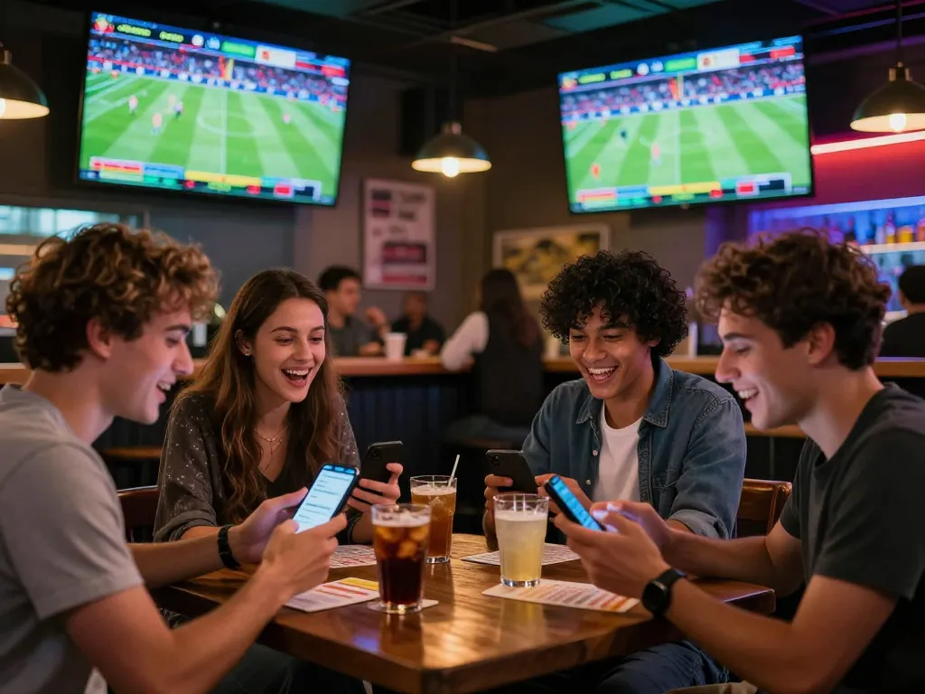 Friends enjoy sports betting South Africa in a lively bar, using mobile devices and watching live games.