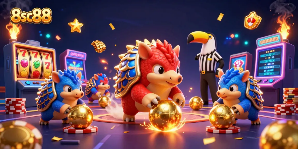 Experience the excitement of 8sc88 with pangolins gaming amidst slot reels and golden scales.