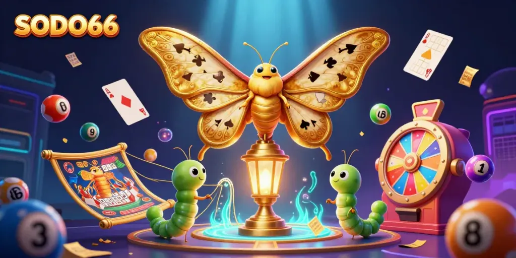 Experience the vibrant atmosphere of SODO66 gaming with dynamic lottery balls and glowing moth motifs.