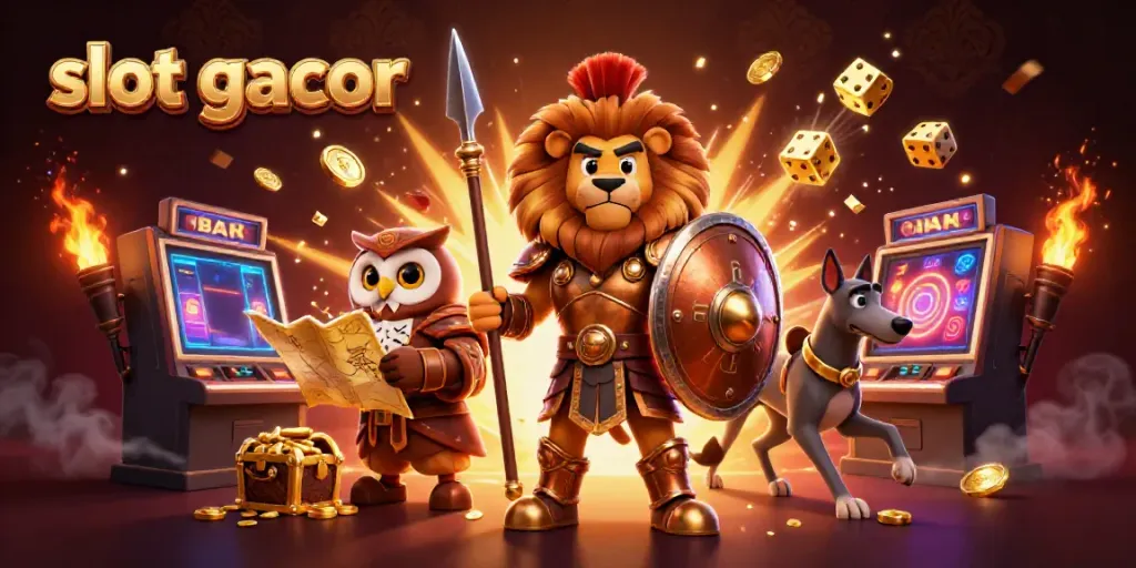 Experience the thrill of slot gacor with an animated scene of a Spartan lion and casino excitement.
