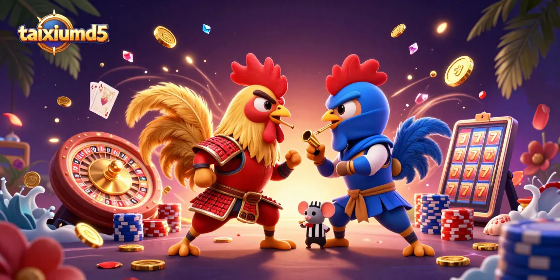 Engage with taixiumd5 at a vibrant online casino, featuring epic rooster battle and dazzling game elements.