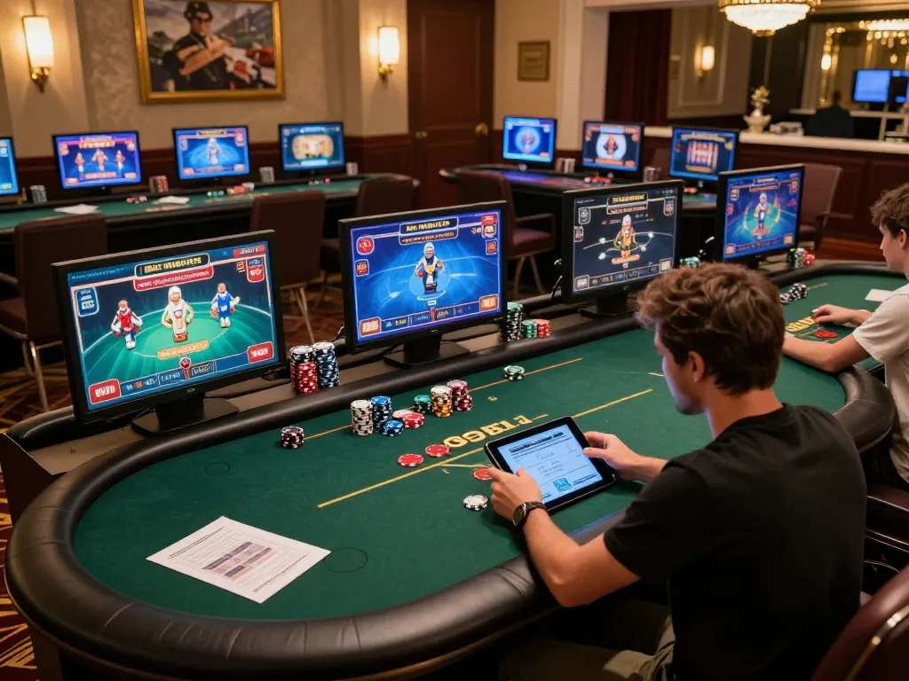 Fly88 players engaging with tablet in an elegant casino gaming setup, emphasizing strategic online gambling.
