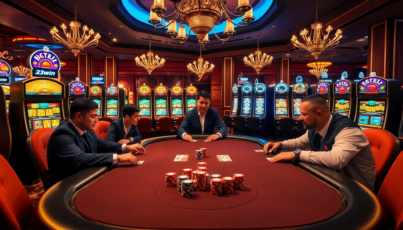 Players strategize at a poker table in a luxury casino environment, showcasing 23win's premier gambling experience.