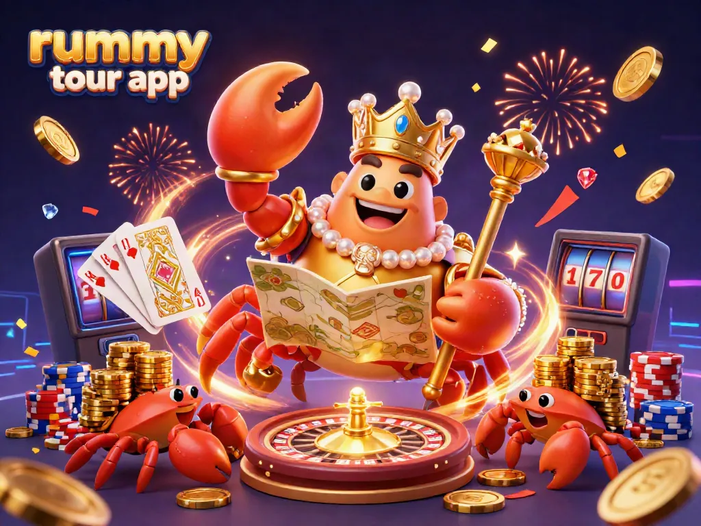 Aplikasi rummy tour app menampilkan karakter kartun 3D yang memegang harta karun dan chip emas, dikelilingi oleh efek koin berkilauan.