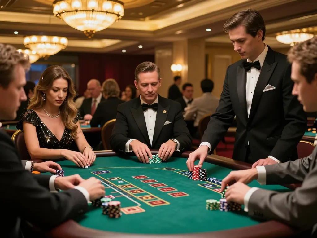 Engaging players strategizing bets at LV88 baccarat table in a luxurious casino setting.