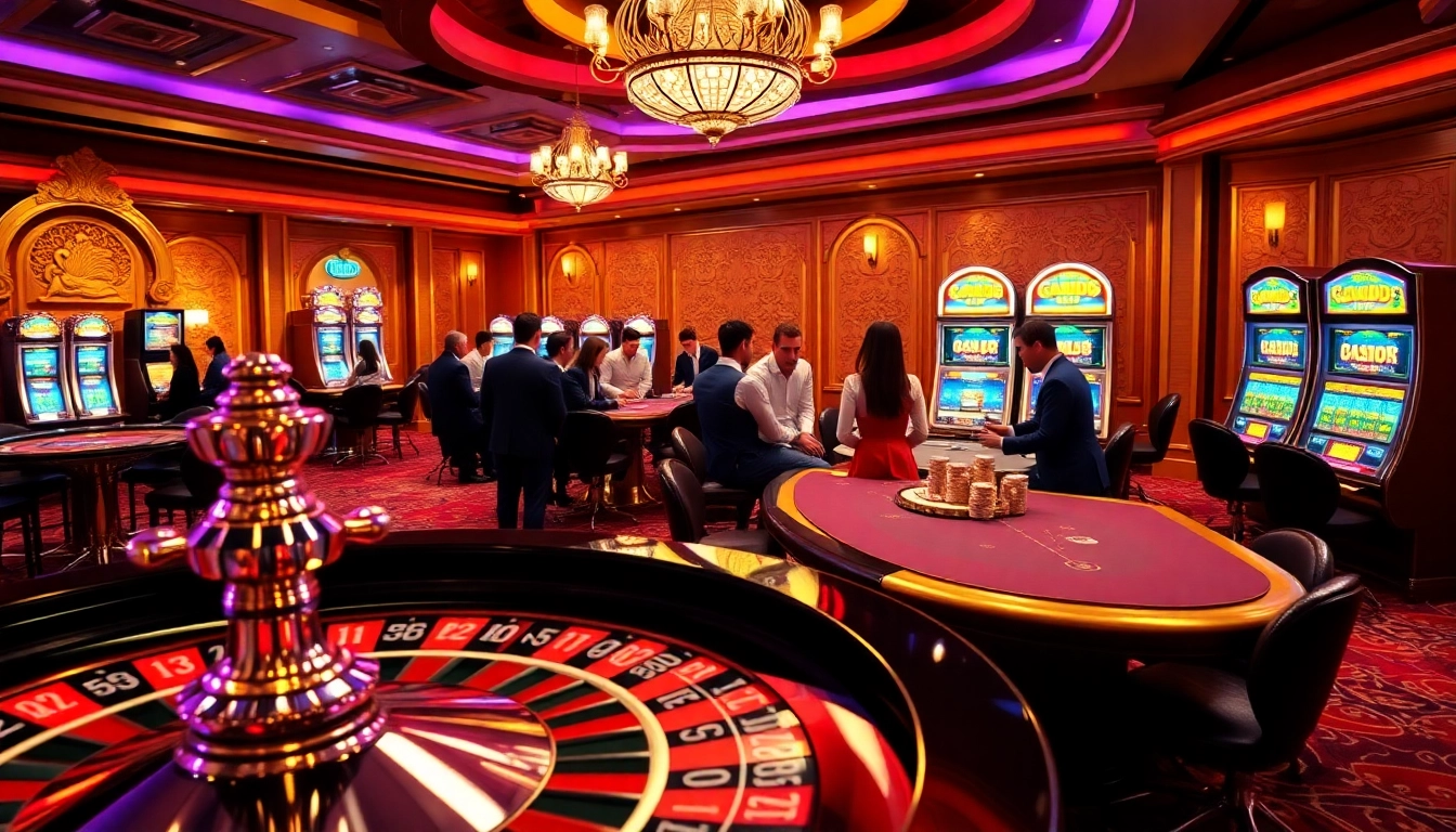 Exciting players engaging at a garuda slot table in a vibrant casino atmosphere.