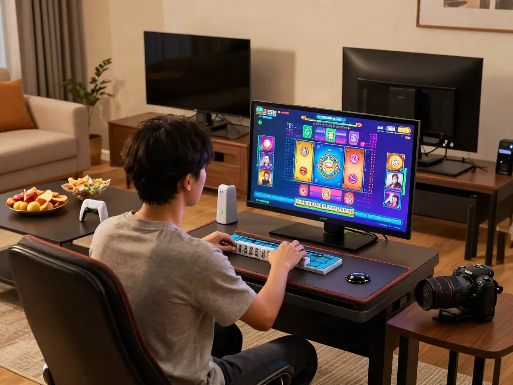 Pengguna bermain permainan mahjong slot dengan grafik menarik di ruang tamu modern.