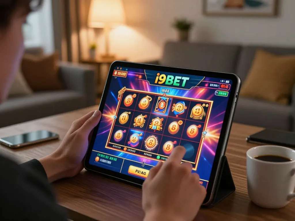Experience exciting gameplay at i9BET with vibrant online slots on a tablet in a cozy setting.