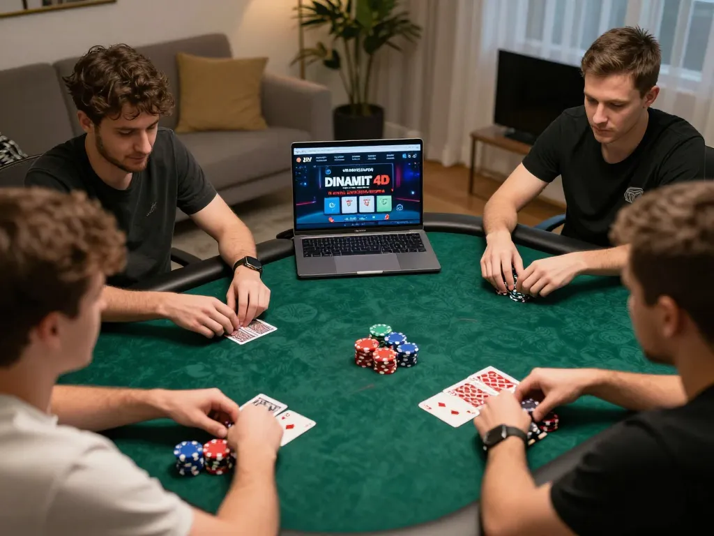 Players enjoying an intense round of poker on dinamit4d platform, with vibrant chips and cards clearly displayed.