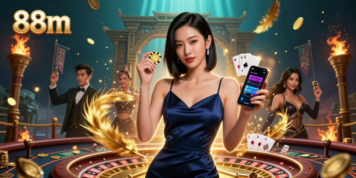 Engage in thrilling 88m casino action with an elegant Asian woman showcasing her gaming prowess and golden chips.