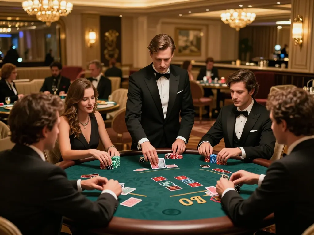 Engaged players at baccarat table on https://kkwin68.info/ showcasing strategic gameplay in an upscale casino