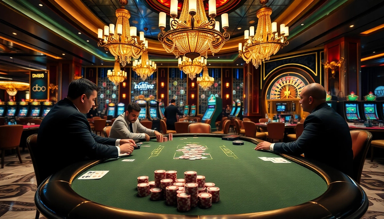 Exciting game scene at dn88 casino with players at a poker table and a spinning roulette wheel.