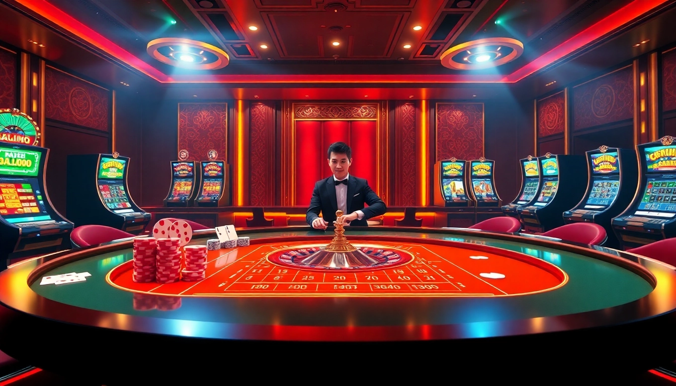 Advanced gameplay at Nhà cái casino Online featuring live dealer tables, poker chips, and jackpot slots
