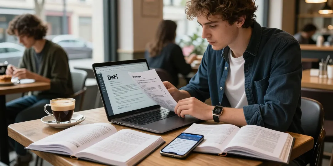 Cricbet user analyzing cryptocurrency blockchain papers with digital wallet at coffee shop