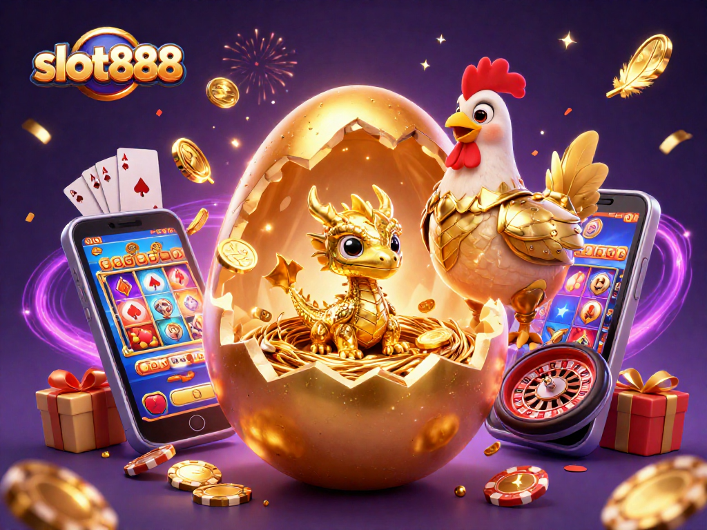 Mainkan slot888 dan lihat naga kecil dari telur emas dalam ilustrasi animasi 3D yang megah.