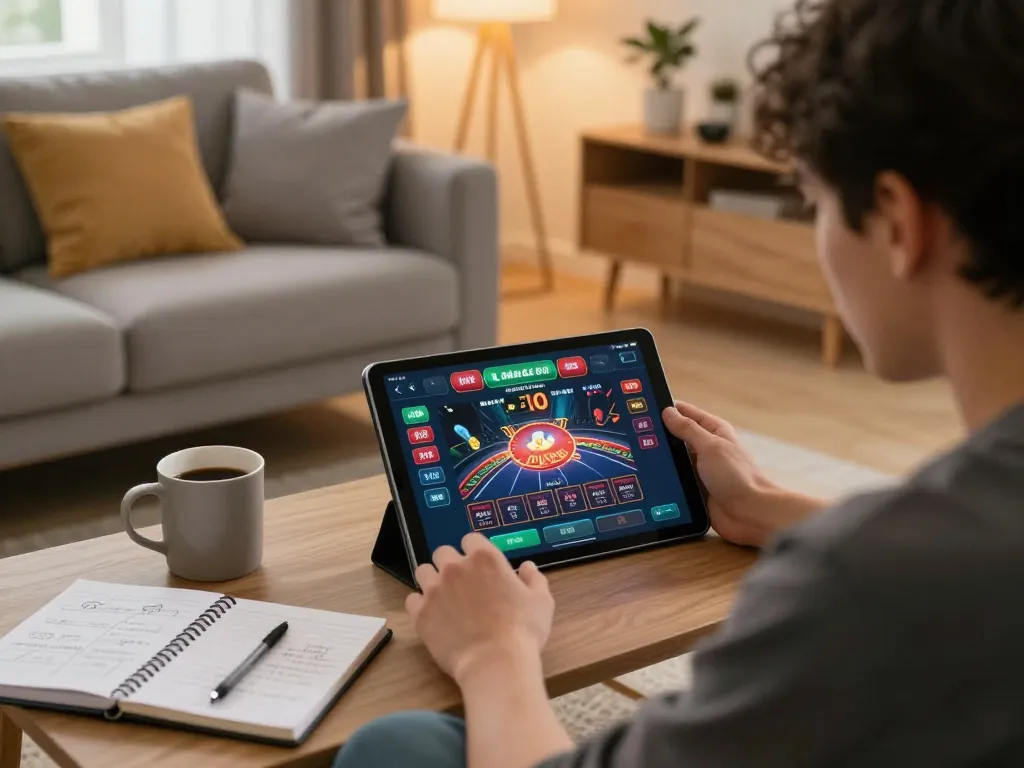 Player engaging with nhà cái 98win on a tablet, showcasing live casino excitement.