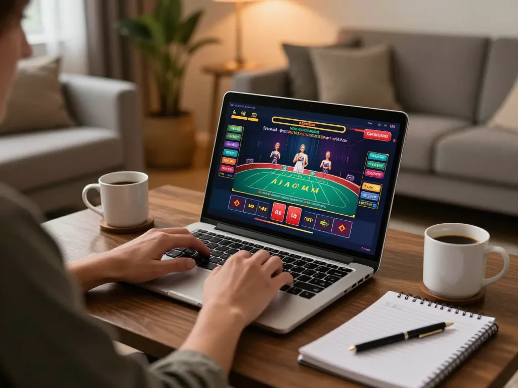 Engaged player on mk8th.net using laptop for online casino gaming in a cozy home setting.