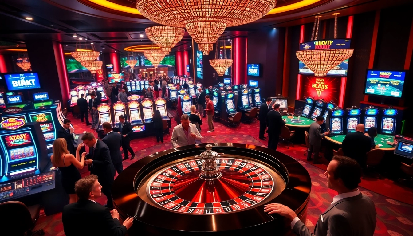Rikvip players engaging at a luxurious casino with roulette and slot machines.