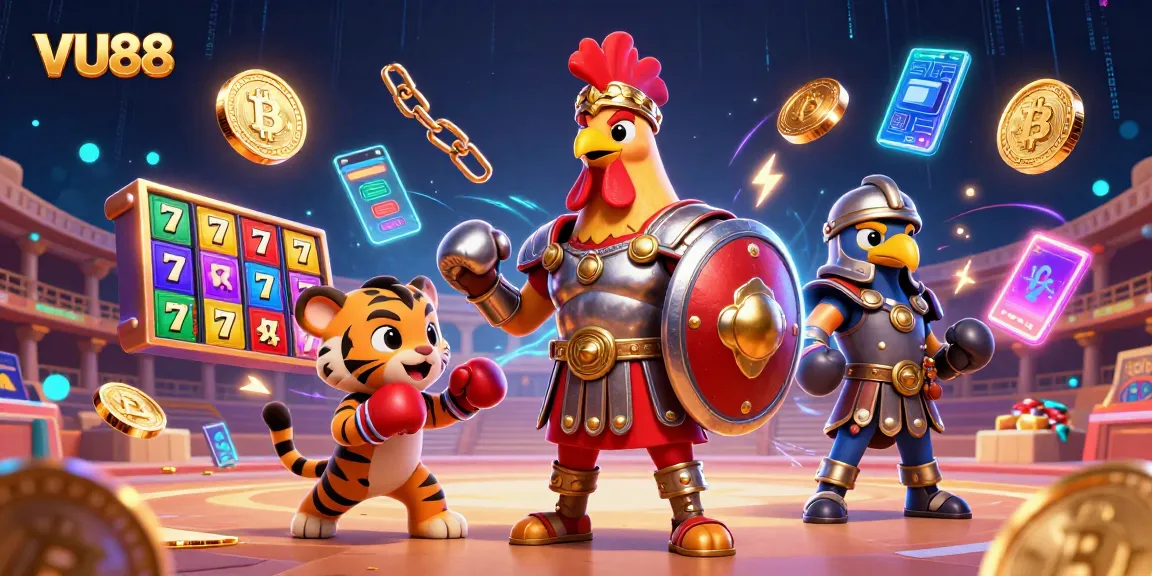 Bet on VU88 with captivating visuals of a gladiator rooster and tiger cub in a dynamic casino-themed arena.