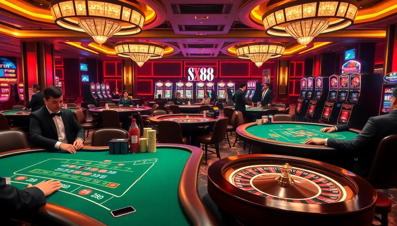 Experience the excitement of sx 88 in a luxurious casino with vibrant tables, dealers, and dynamic slot machines.