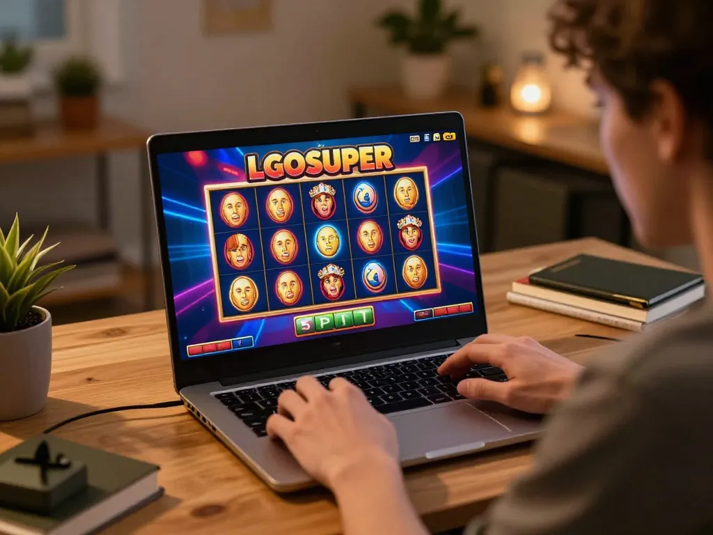 Player exploring exciting LGOSUPER slot games on a laptop in a cozy home office.
