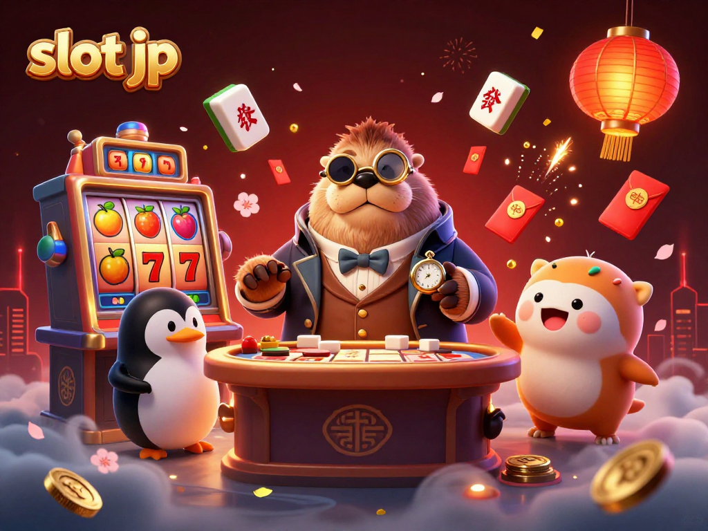 Spin the slot jp reels with a jolly walrus and a sophisticated penguin dealer in a vibrant casino atmosphere.