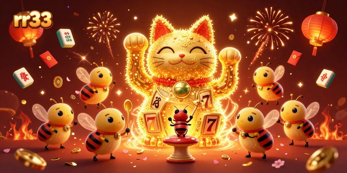Experience thrilling wins at rr33 with a vibrant lucky cat made of animated fireflies.