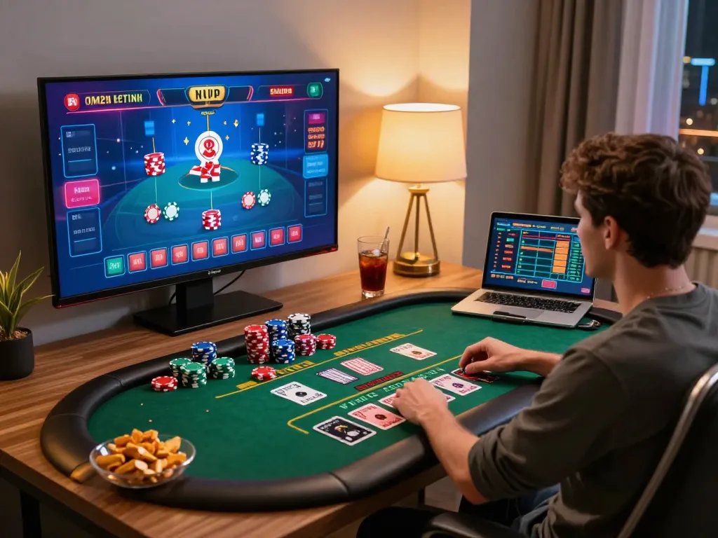 Player engaging in online casino gaming at home with nhacaiuytin interface on screen.