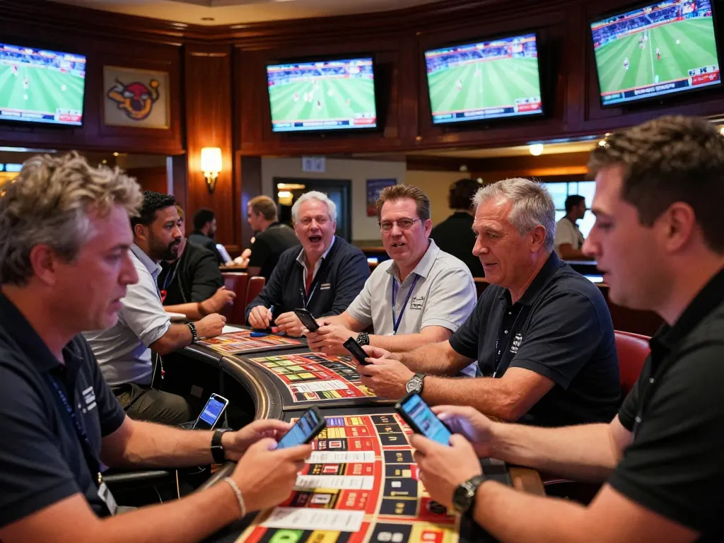 77WIN patrons engaged in sports betting, placing bets in an upscale casino sportsbook area.