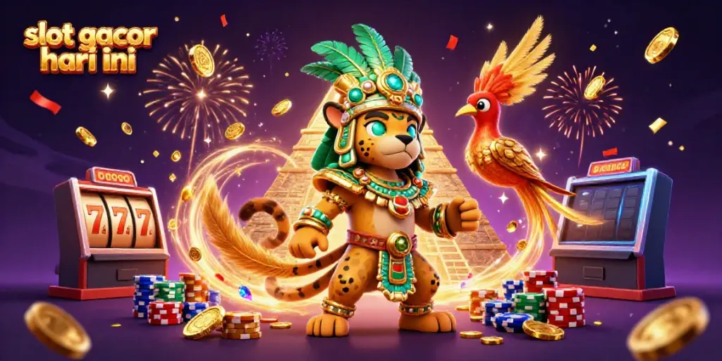 Play slot gacor hari ini with a vibrant illustration of winning symbols and casino elements