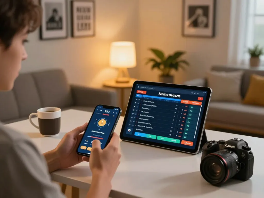Engaging in hit club sports betting at home using smartphone and tablet, showcasing strategic decision-making.