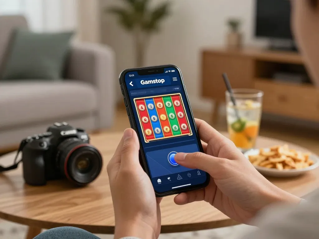 Player enjoying non Gamstop online casino with mobile device, showcasing action and excitement in gaming.