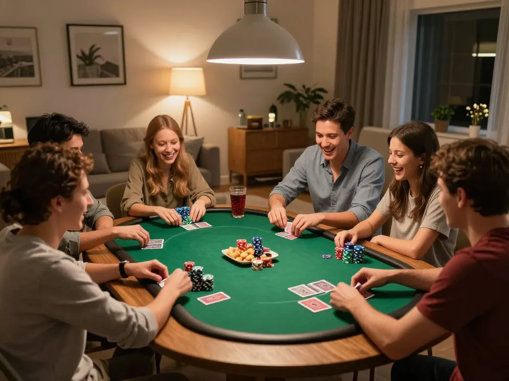 Friends enjoying a poker game at home, showcasing strategic gameplay and camaraderie while engaging with congaden.