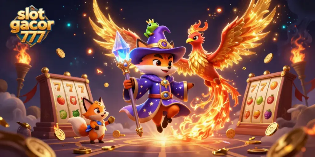 Bermain slot gacor 777 dengan karakter rubah penyihir, phoenix, dan kodok di arena magis.