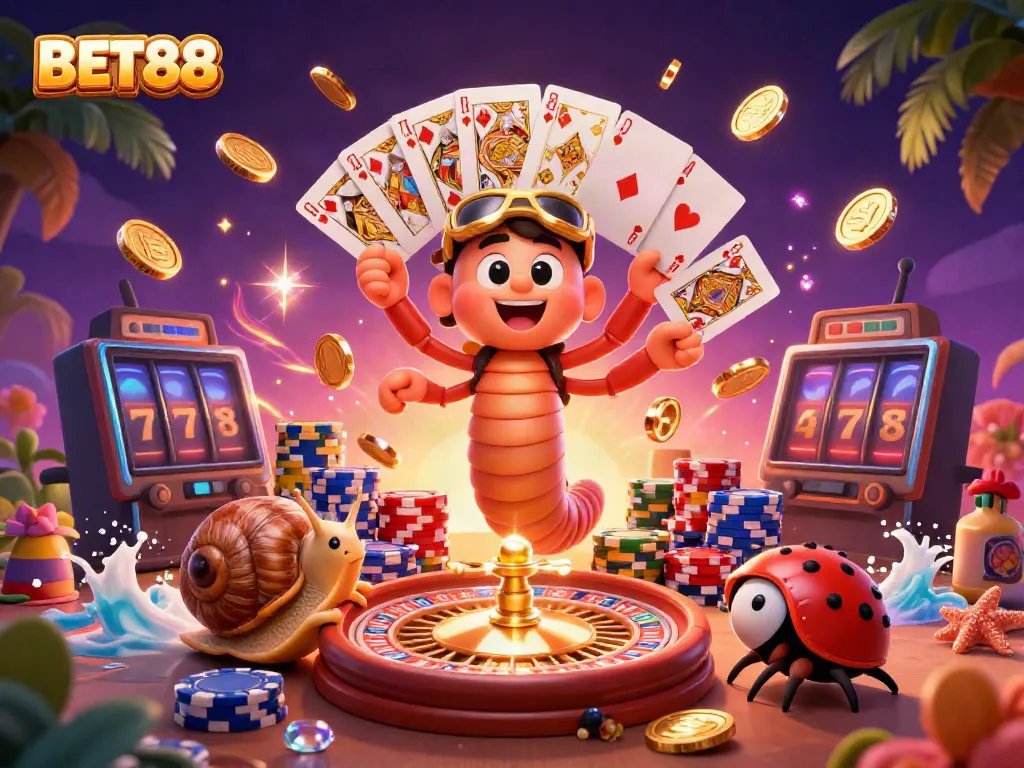 Engage in excitement at BET88 with a whimsical scene of a millipede dealer and high-roller snail surrounded by casino elements.