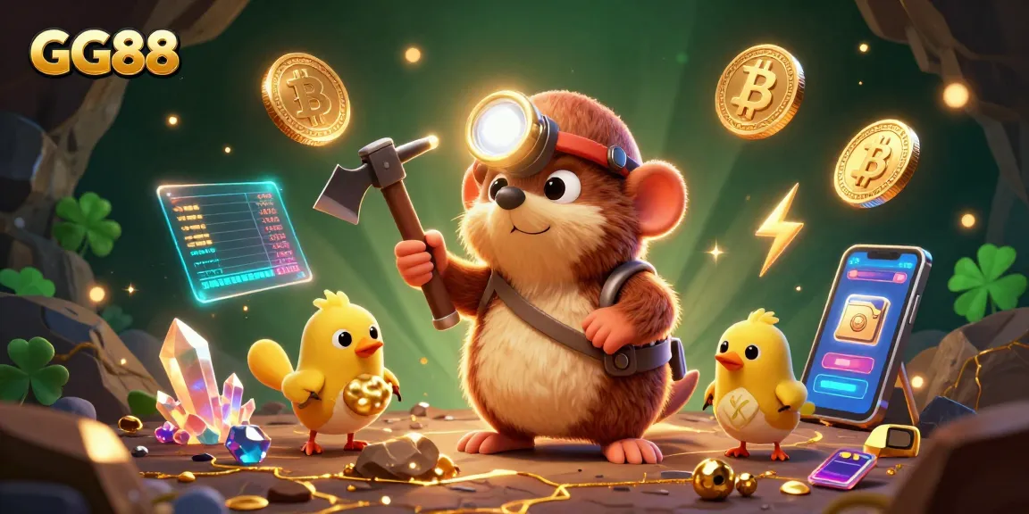 Experience thrilling mining adventures with GG88, featuring a cartoon mole and canary with crypto elements.