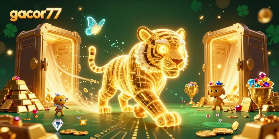 Gacor77 menghadirkan ilustrasi kasino digital dengan harimau emas dan efek keberuntungan yang memikat