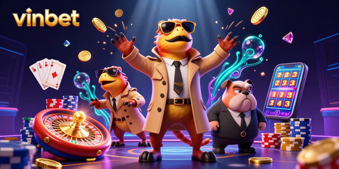 Experience vinbet's vibrant casino scene with cartoon raptors and dynamic gambling elements.