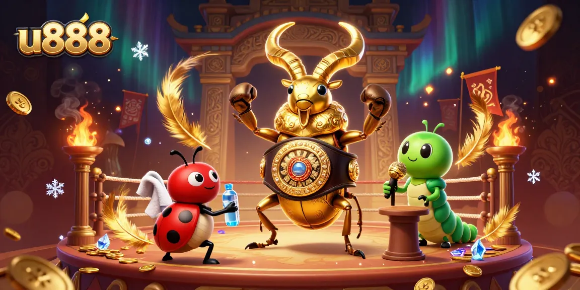u888 betting scene with giant stag beetle and ladybug in a dynamic casino environment