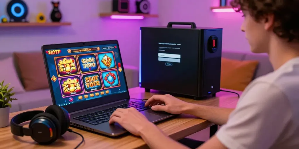 SLOT TOTO online gaming experience showcasing vibrant graphics and user engagement at home.