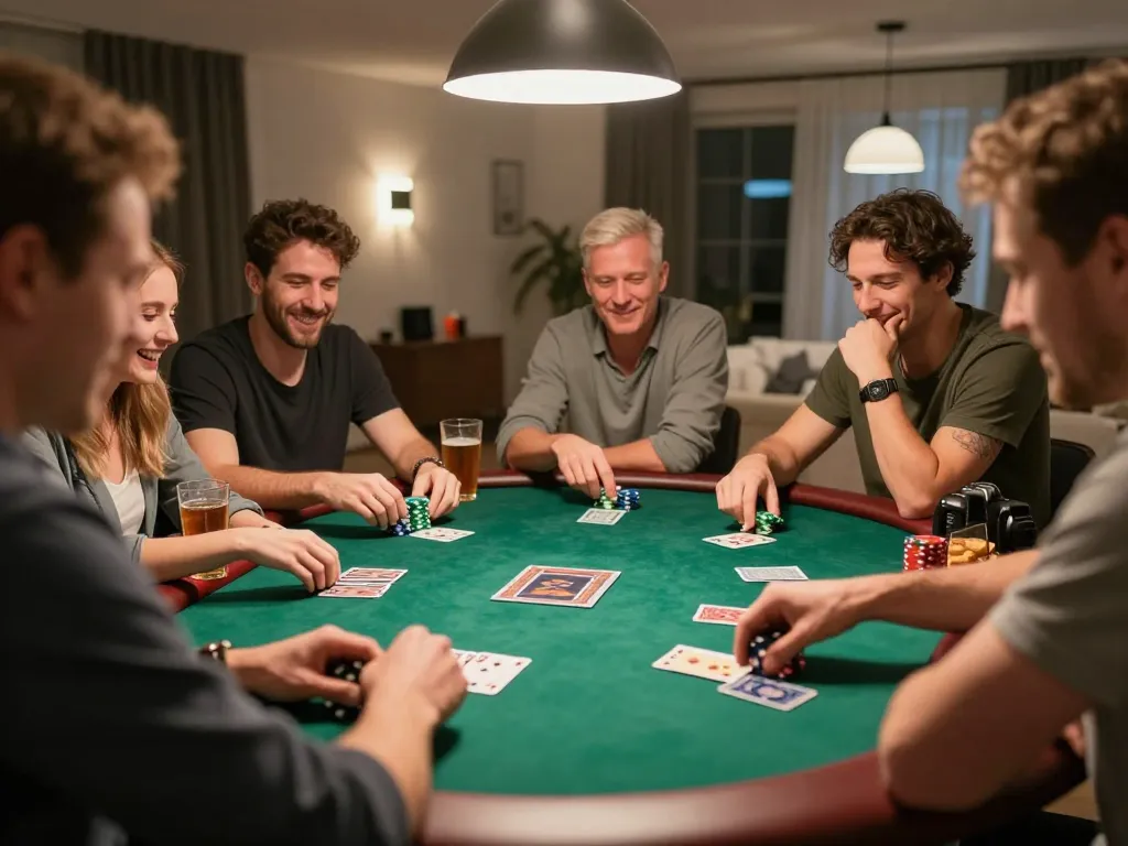 N188 players engaged in friendly poker game with chips and cards on the table