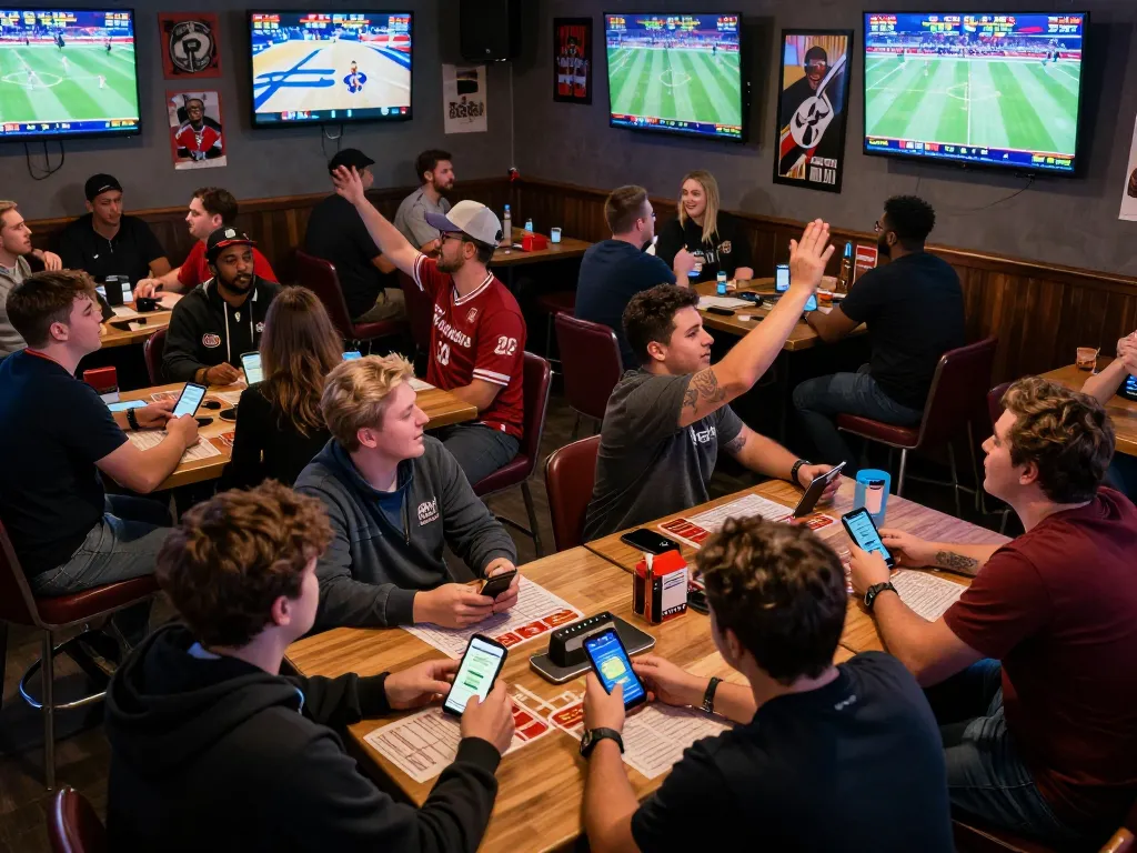 aa88i sports fans placing bets in a lively sports bar atmosphere