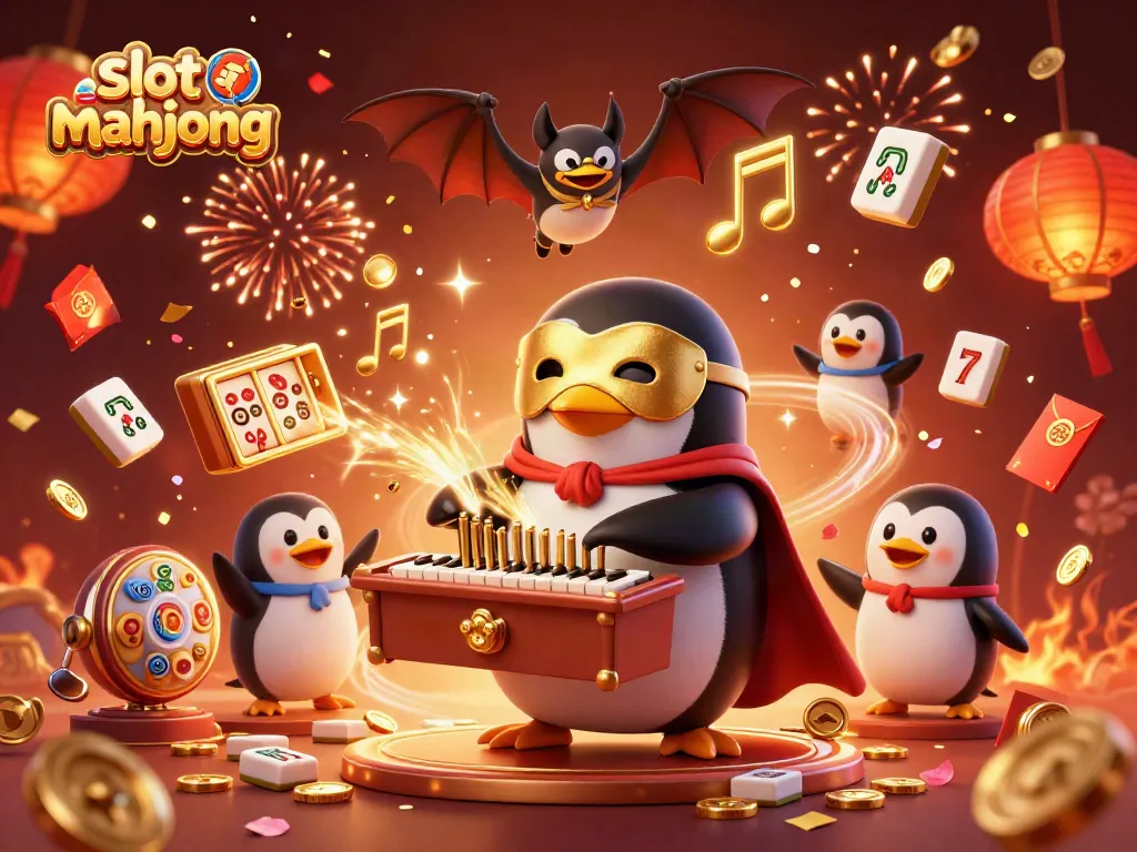 Engage in exciting slot mahjong gameplay with floating mahjong tiles and vibrant celebratory elements.