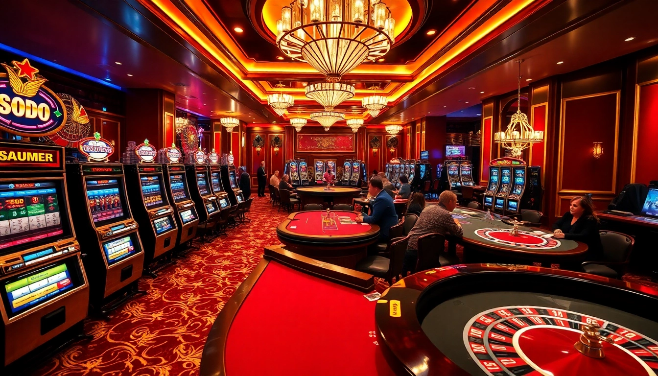 SODO Casino scene with enthusiastic players at poker tables, highlighting excitement and luxury.