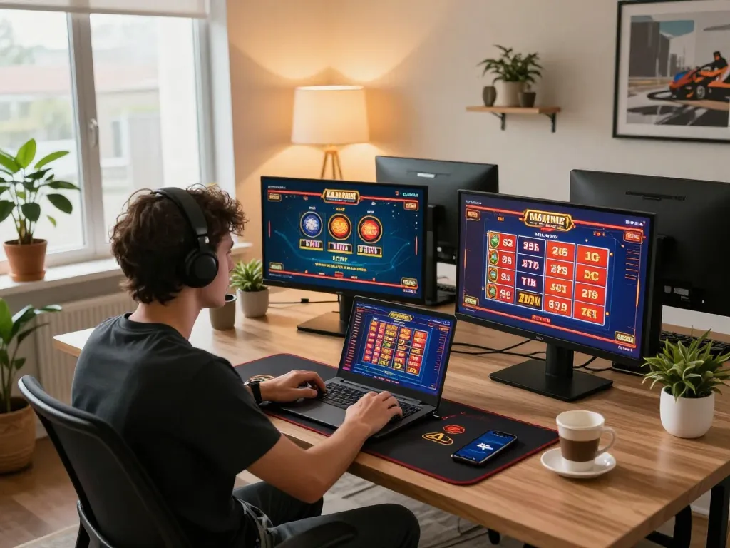 Engaging in strategic online casino gameplay at a modern setup with LV88SEO.