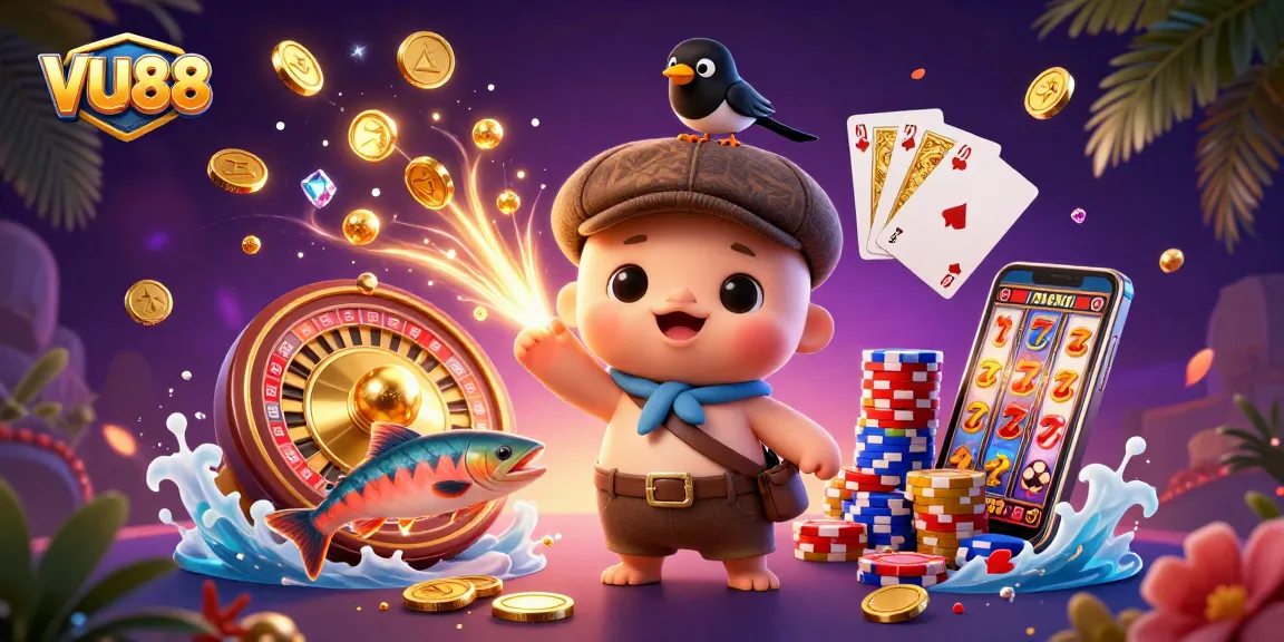 Experience thrilling gaming at VU88 with vibrant casino treasures in a magical 3D scene.