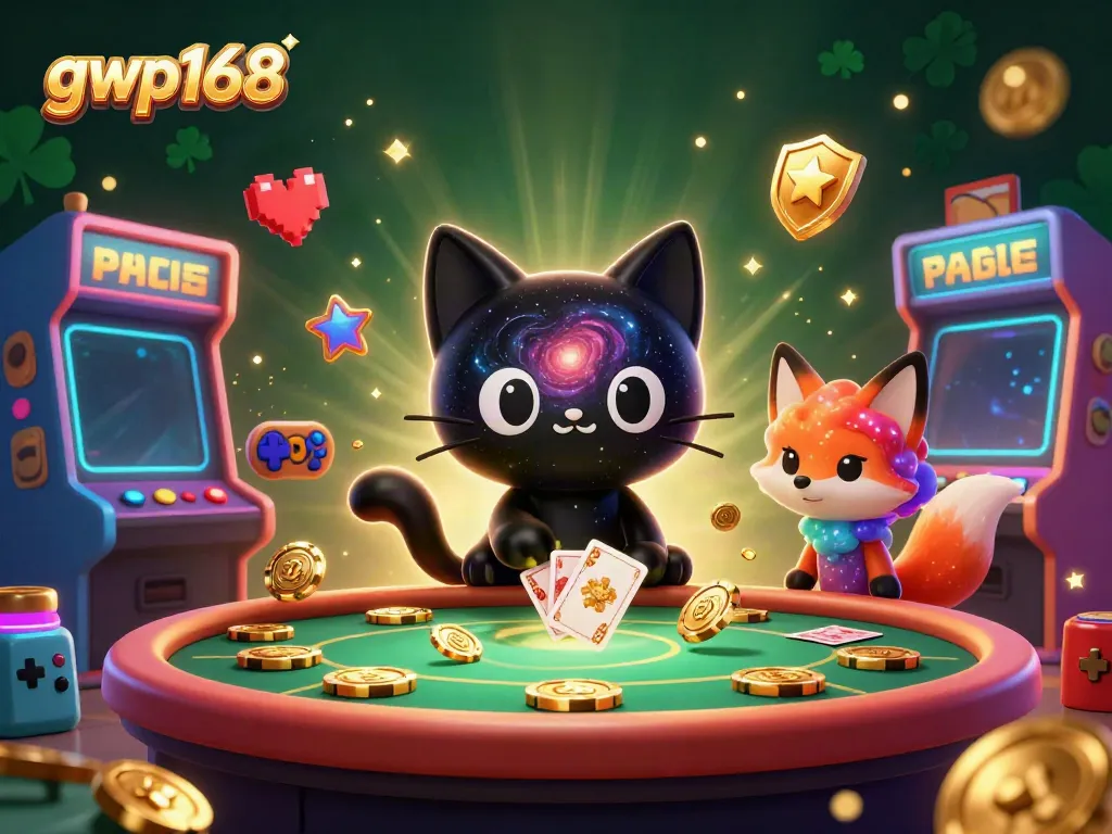 GWP168 menghadirkan permainan kasino dengan kucing hitam berbulu galaksi di meja, menarik chip emas