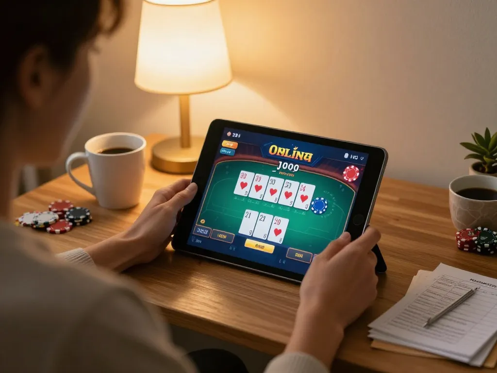Engaging with tải app lode88 on a tablet while enjoying a cozy home gaming experience with cards on screen